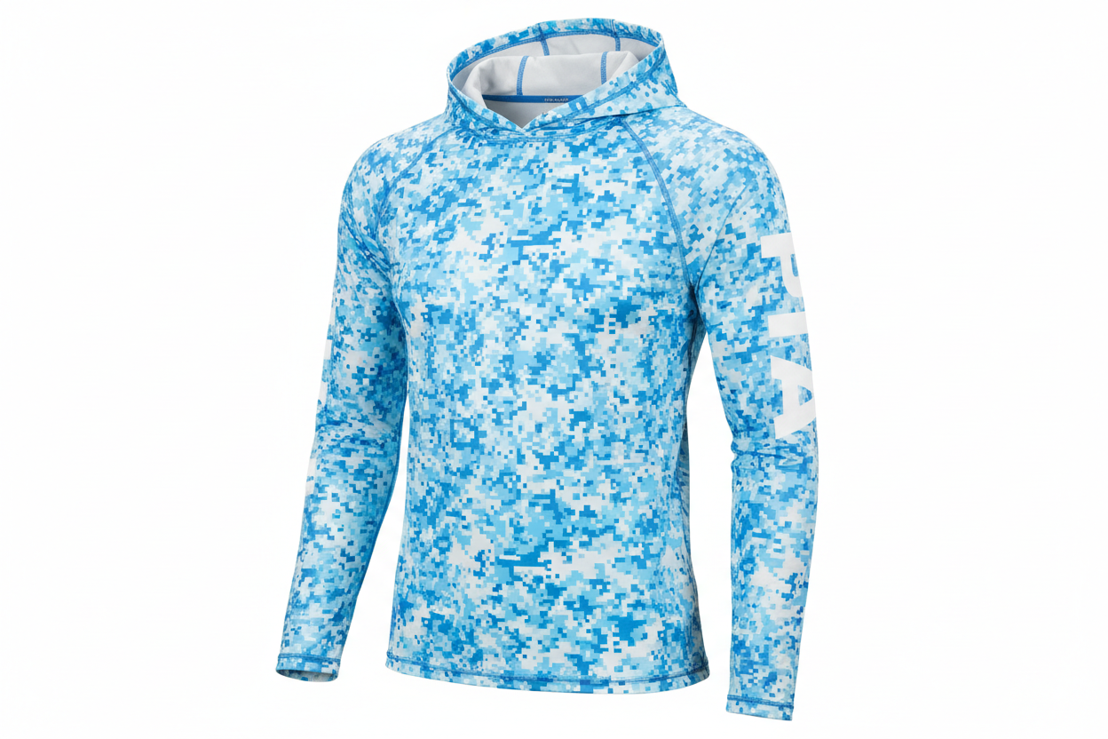 Light blue digital camo hooded sun shirt with PIA sleeves - front view