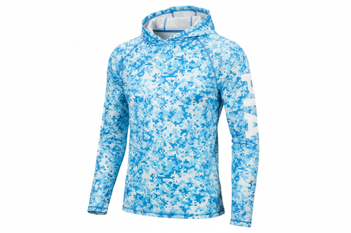 Light blue digital camo hooded sun shirt with PIA sleeves - front view