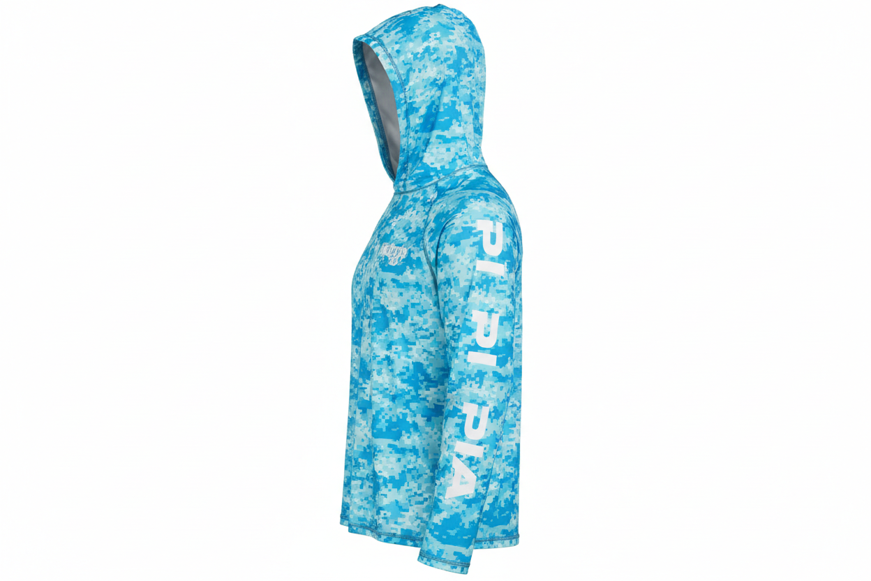 Light blue digital camo hooded sun shirt with PIA sleeves - side view