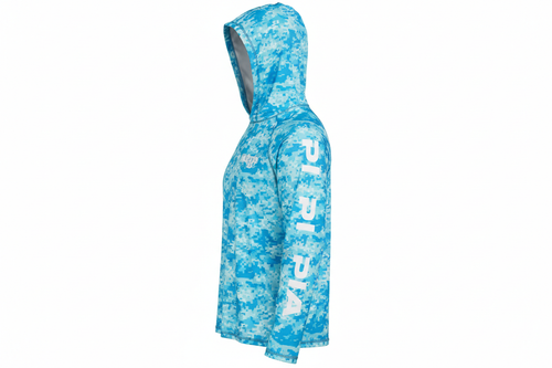 Light blue digital camo hooded sun shirt with PIA sleeves - side view